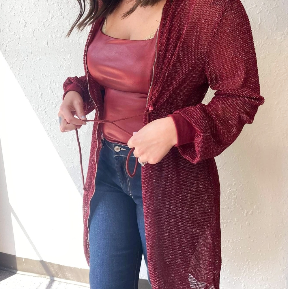 NWT Burgundy Netted Split Zip up drawstring Jacket